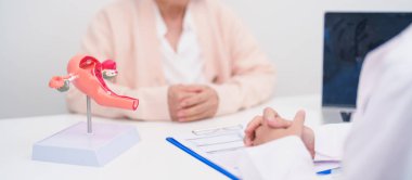Yaşlı kadın rahim ve yumurtalıkları olan bir doktora danışmanlık yapıyor. Yumurtalık ve rahim ağzı kanseri, rahim ağzı rahatsızlığı, endometriyozis, histerektomi, rahim fibroidi, üreme sistemi ve hamilelik. 