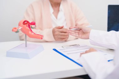 Yaşlı kadın rahim ve yumurtalıkları olan bir doktora danışmanlık yapıyor. Yumurtalık ve rahim ağzı kanseri, rahim ağzı rahatsızlığı, endometriyozis, histerektomi, rahim fibroidi, üreme sistemi ve hamilelik. 