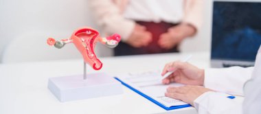 Yaşlı kadın rahim ve yumurtalıkları olan bir doktora danışmanlık yapıyor. Yumurtalık ve rahim ağzı kanseri, rahim ağzı rahatsızlığı, endometriyozis, histerektomi, rahim fibroidi, üreme sistemi ve hamilelik. 