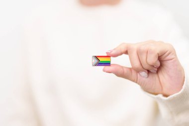 Mutlu gurur ayı ve LGBTQ ya da LGBTQIA Lezbiyen, Gay, Biseksüel, Transseksüel, Eşcinsel, Non İkili, Evlilik Eşitliği Yasası, Panseksüel ve Demiseksüel için Broş broşlu LGBTQIA