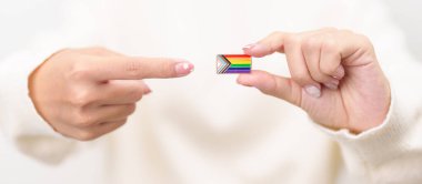 Mutlu gurur ayı ve LGBTQ ya da LGBTQIA Lezbiyen, Gay, Biseksüel, Transseksüel, Eşcinsel, Non İkili, Evlilik Eşitliği Yasası, Panseksüel ve Demiseksüel için Broş broşlu LGBTQIA
