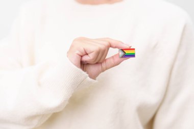 Mutlu gurur ayı ve LGBTQ ya da LGBTQIA Lezbiyen, Gay, Biseksüel, Transseksüel, Eşcinsel, Non İkili, Evlilik Eşitliği Yasası, Panseksüel ve Demiseksüel için Broş broşlu LGBTQIA