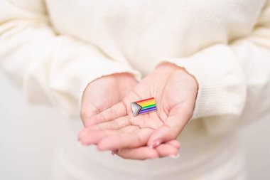 Mutlu gurur ayı ve LGBTQ ya da LGBTQIA Lezbiyen, Gay, Biseksüel, Transseksüel, Eşcinsel, Non İkili, Evlilik Eşitliği Yasası, Panseksüel ve Demiseksüel için Broş broşlu LGBTQIA