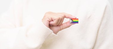 Mutlu gurur ayı ve LGBTQ ya da LGBTQIA Lezbiyen, Gay, Biseksüel, Transseksüel, Eşcinsel, Non İkili, Evlilik Eşitliği Yasası, Panseksüel ve Demiseksüel için Broş broşlu LGBTQIA