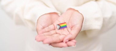 Mutlu gurur ayı ve LGBTQ ya da LGBTQIA Lezbiyen, Gay, Biseksüel, Transseksüel, Eşcinsel, Non İkili, Evlilik Eşitliği Yasası, Panseksüel ve Demiseksüel için Broş broşlu LGBTQIA