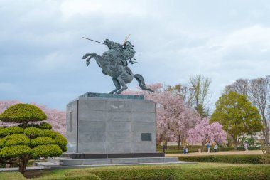 Bahar mevsiminde Sakura Kiraz Çiçeği ile Kajo Park Yamagata Kalesi Harabeleri, Yamagata bölgesinin ünlü simgesi Tohoku, Japonya. Japonya 'da Seyahat ve Tatil
