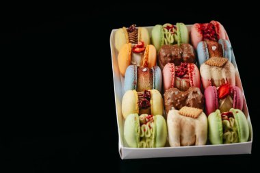 Gift set of large colored macaroons with different fillings and decorations, on a black isolated background. Confectionery concept.
