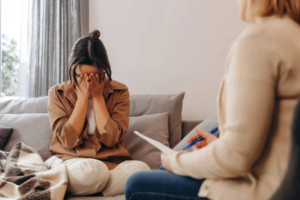stressed woman consultation a psychologist about mental health problem.