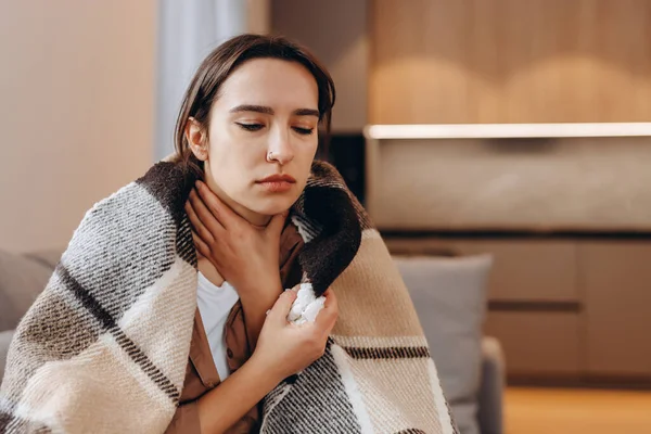Throat Pain. Beautiful Woman Having Sore Throat, Feeling Sick. Unhappy Ill Female Suffering From Painful Swallowing, Strong Pain In Throat, Holding Hand On Her Neck. Health Concept. High Resolution