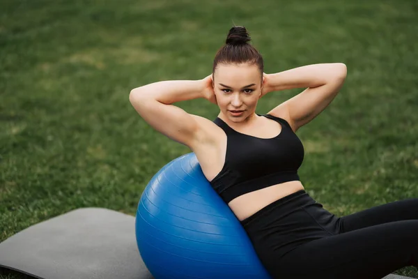 Fitness Outdoors Woman Stretching Fit Ball Pilates Workout Park Sport — Stock Photo, Image