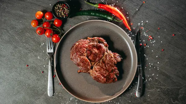 Juicy piece of seared steak lying on a flat gray plate, next to which are cutlery fork and knife, as well as green and red hot peppers, a sprig of cherry tomatoes, a black pot of mixed peppercorns on the table, on sprinkled with salt and pepper