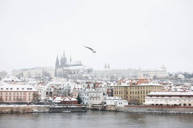 Prag 'da kar, nadir soğuk kış koşulları. Çek Cumhuriyeti 'ndeki Prag kalesi, binalarla karlı hava. Güzel kasabadan şehir manzarası. Beyaz Avrupa 'da kış yolculuğu. 