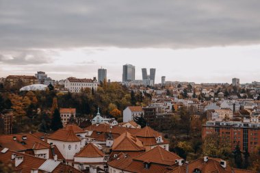 Prag, Çek Cumhuriyeti - 21 Kasım 2023: Canlı bir şehir manzarasının panoramik görüntüsü.