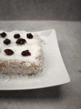 Hindistan cevizi taneli Noel pudingi ve gri arka planda beyaz tabakta duran kuru yaban mersini aperatif için parti yemeği, yeni yıl arifesi yemeği, Noel ya da doğum günü