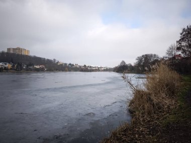 Prag, Çek Cumhuriyeti - 18 Ocak 2025: Kyjsky gölünde ince bir buz tabakası, kıyıda kuru bitki örtüsüyle kaplı bir göl ve bulutlu bir kış gökyüzünün altında binalar