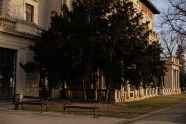 Prague, Czech Republic - February 7, 2025: A historic building in Havlickovy Sady, an Italian Renaissance-style park with trees, benches, and warm sunlight on the architecture. clipart