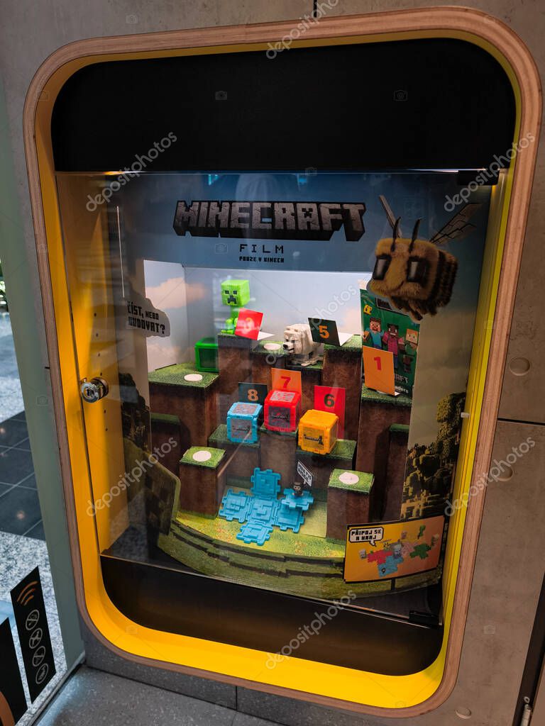 Prague, Czech republic - April 15, 2025: mcdonalds Vibrant promotional display for the minecraft film, recognizable characters, game elements, and interactive features