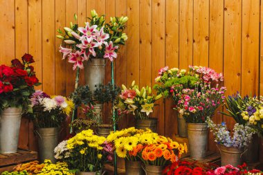 Zambaklar, güller, papatyalar ve metal kovalarda dizilmiş diğer renkli çiçekler ahşap bir duvara karşı ahşap basamaklarda sergilenerek canlı bir çiçekçi sahnesi yaratıyor, Anneler Günü.