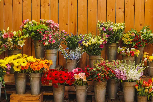 Metal kovalarda sade ahşap bir duvara karşı dizilmiş canlı çiçeklerin karışımı neşeli bir çiçekçi dükkanı gösterisi yaratıyor, Anneler Günü.