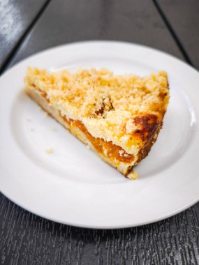 Beyaz bir tabakta meyveli kayısılı turta dilimi, zengin dolgulu ve altın kabuklu lezzetli bir tatlıyı vurguluyor, her durum için mükemmel, tatlı severler için enfes bir ikram. Boşluğu kopyala