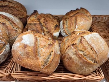 Yuvarlak ekşi ekşi somunlar hasır tepside soğuyor, altın kabuklarını sergiliyorlar ve zanaatkar pişirme tekniklerini sergiliyorlar.