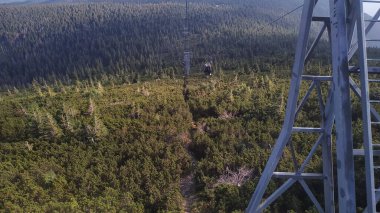 Pec pod Snezkou, Çek Cumhuriyeti - 31 Ağustos 2019: Czech cumhuriyetindeki Krkonose ulusal parkının manzaralı manzarasını sunan, Snezkou Dağı 'na turistleri taşıyan kablo araç