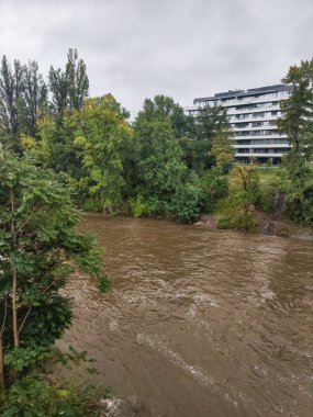 Prag, Czech Cumhuriyeti - 16 Eylül 2024: Çamurlu vltava nehri, bulutlu gökyüzünün altında yeşil ağaçların yanında hızla akıyor ve Prag, Czech cumhuriyetinde sağanak yağmurun ardından sonbaharda sel sırasında bir bina inşa ediliyor.