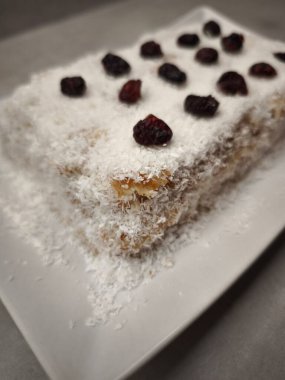 Kurutulmuş yaban mersiniyle süslenmiş dikdörtgen hindistan cevizi pudingi, beyaz dikdörtgen bir tabakta duruyor, noel kutlamaları için mükemmel aperatifler için parti yemekleri, yılbaşı yemeği, Noel ya da doğum günü yemeği