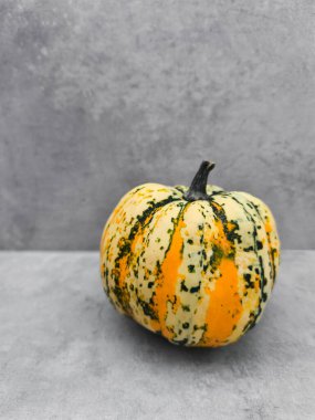 Canlı sarı, yeşil ve beyaz çizgilerle süslenmiş tatlı kabak güz hasadının özünü somutlaştıran gri bir masanın üzerinde duruyor.