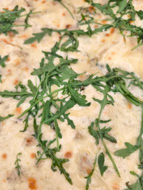 Taze pişmiş lazanyaya yakın roka, kremalı bechamel sosu ve İtalyan mutfağının altını çizmek.