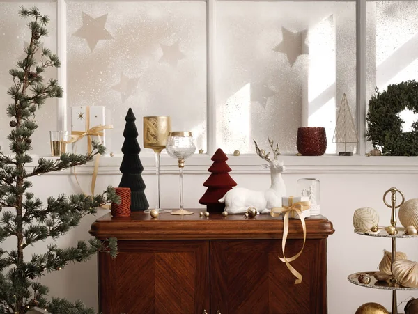 Komposisi Natal Rak Antik Ruang Tamu Interior Dengan Dekorasi Yang — Stok Foto