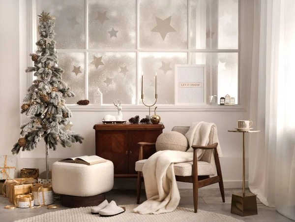 Menakjubkan Dan Nyaman Natal Ruang Tamu Interior Dengan Rak Kursi — Stok Foto
