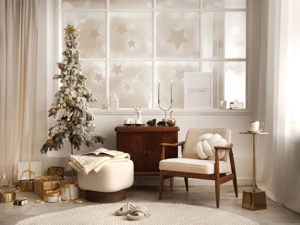 Incroyable Confortable Salon Noël Intérieur Avec Étagère Fauteuil Boucle Pouf — Photo