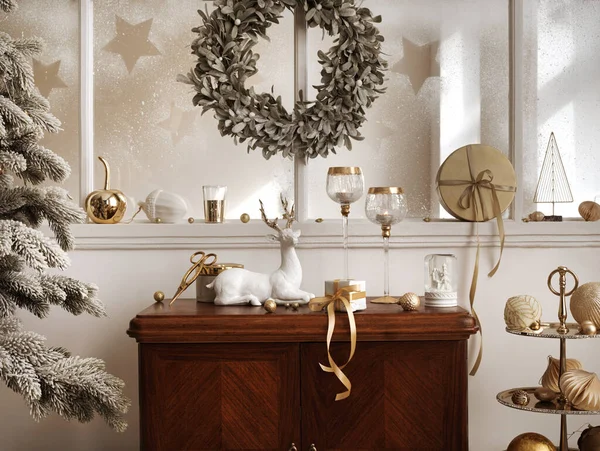 美しい装飾 大きな窓 クリスマスツリー キャンドル ギフト 光とエレガントなアクセサリーとリビングルームのインテリアのヴィンテージ棚の上のクリスマスの組成 テンプレート — ストック写真