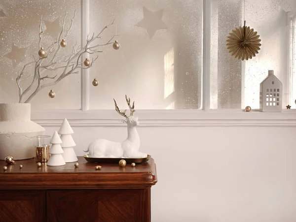 客厅室内装饰华丽 窗户大 圣诞早午餐 轻巧典雅的饰物等 这些都是圣诞佳作 — 图库照片