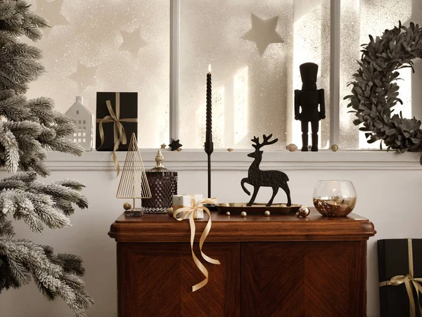 Composição Natal Criativo Prateleira Vintage Interior Sala Estar Com Bela — Fotografia de Stock