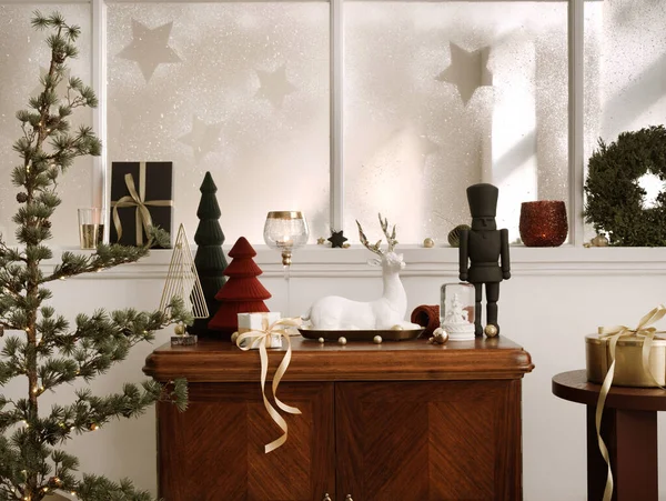 Karácsonyi Kompozíció Vintage Polcon Nappaliban Gyönyörű Dekorációval Nagy Ablakkal Karácsonyfával — Stock Fotó