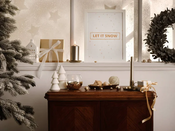 Julen Komposition Vintage Hylla Vardagsrummet Interiör Med Mock Affisch Ram — Stockfoto