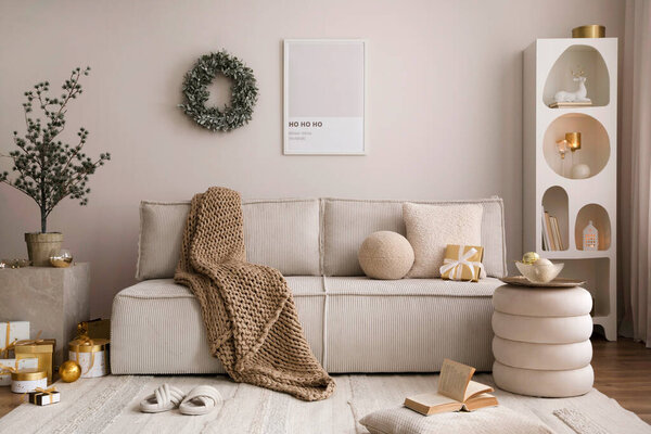 Domestic and cozy christmas living room interior with corduroy sofa, white shelf, mock up poster frame, christmas decoration, wreath, stars, gifts and accessories. Home decor. Family time. Template.