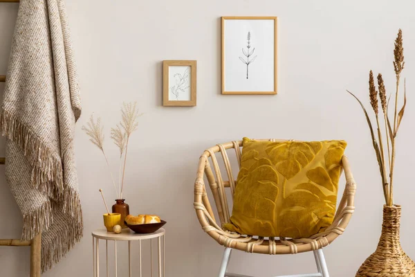 Estilo Natural Apartamento Boho Com Poltrona Vime Travesseiro Escada Bambu — Fotografia de Stock