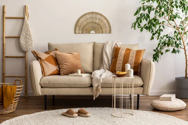 Scandinavian Cozy Interior Living Room Design Beige Sofa Pillows Side — Stock Photo, Image