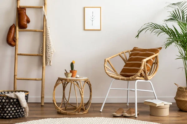 Boho Cozy Interior Living Room Design Rattan Armchair Pillows Mock — Stock Photo, Image