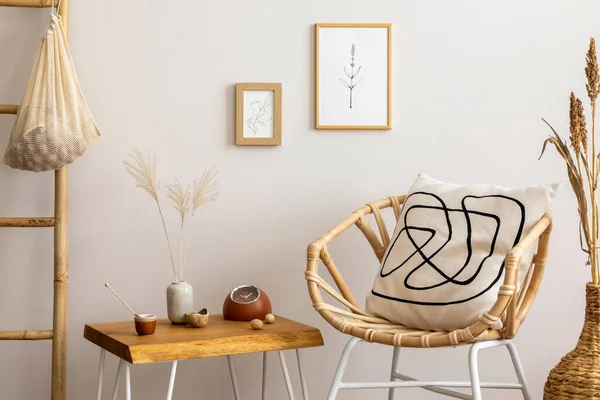 Creative Composition Elegant Boho Living Room Rattan Armchair Mock Photo — Stock Photo, Image