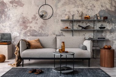 Gri dizayn kanepesi, sehpası, kitaplığı, gösterişli lambası, halısı, dekorasyonu ve zarif aksesuarları olan modern dairenin çatı katı tarzı. Beton grunge duvar. Şablon. 