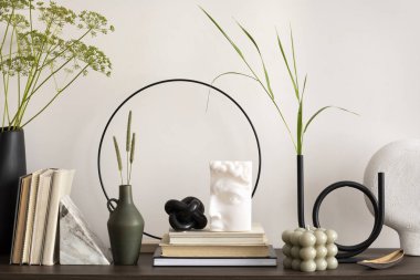 İçinde vazo, kitap, mum, heykel ve kişisel aksesuarlar olan klozet bulunan yaratıcı bir oturma odası tasarımı. Ev dekoru. Şablon.