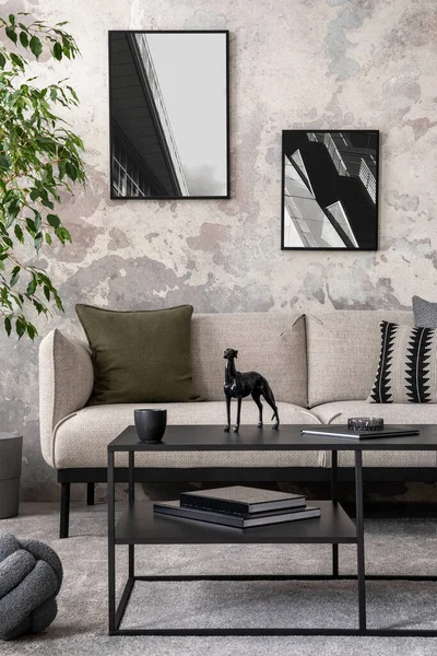 Creative composition of concrete living room with mock up poster frame, stylish gray sofa, patterned pillows, simple black coffee table, dog, cup and personal accessories. Home decor. Template.