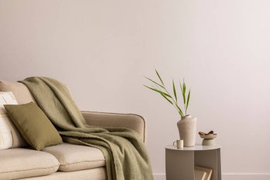 Oturma odasının iç tasarımı, fotokopi alanı, bej kanepe, yan masa, vazoda yaprak, puf, zarif aksesuarlar ve bulmaca halı. Bej duvar. Minimalist ev dekorasyonu. Şablon.