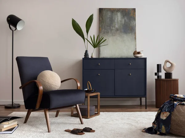Creative Composition Living Room Interior Mock Poster Frame Velvet Blue — Foto de Stock