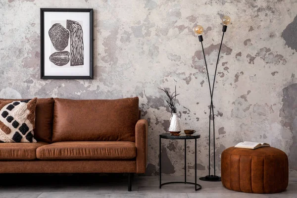 Composição Elegante Interior Sala Estar Com Quadro Cartaz Simulado Sofá — Fotografia de Stock