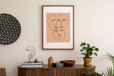 Warm and cozy interior of living room space with colorful mock up poster frame, plants, wooden commode, decoration on the wall, books and stylish personal accessories. Home decor. Template. 